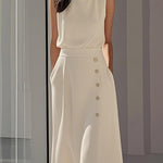 Loose Sleeveless Buttoned Pockets Solid Color Round-Neck Midi Dresses