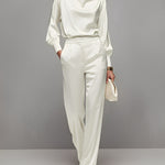 Women's Ivory Satin Set With Boat Neck Top & Puff Sleeves, Timeless Luxe-Elegant Style Set