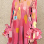 A-Line Loose Pleated Printed Split-Joint Lapel Maxi Dresses Shirt Dress