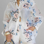 Long Sleeves Loose Floral Printed Gauze Pleated See-Through Split-Joint Lapel Blouses&Shirts Tops