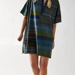 Mid-length Sleeve Lapel Contrast Striped Loose Casual Dress
