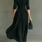 Elegant Pleated Lapel Waisted Long-sleeved Maxi Dress