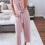 Buttoned Sleeveless Cropped Jumpsuit With Sash
