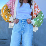 Orange Flower & Dotted Print Colorblock Open Front Cardigan