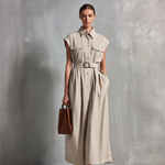 Women's Elegant, Natural-colored Cotton And Linen Blend Sleeveless Maxi Dress With A Shirt Collar