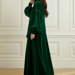 A-Line Long Sleeves Bow-Embellished Pleated Solid Color Split-Joint High Neck Maxi Dresses