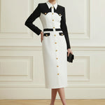 Long Sleeves Buttoned Contrast Color Split-Joint Lapel Midi Dresses
