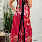 Vanna Unique Tropical Print Black Patchwork Detail A-line Maxi Dress
