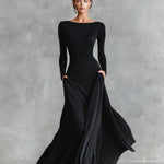 Women's Black Modern Crepe Ruched Boat - Neck Maxi Dress