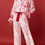 Christmas Printed Velvet Lace-up Long-sleeve Pocket Top and Elastic Waist Wide-leg Pants Set