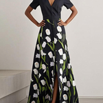 A-Line High Waisted Flower Print Split-Front V-Neck Maxi Dresses