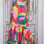 Multicolor Geometric Colorblock V Neck Tiered Maxi Dress