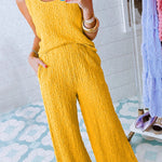 Yellow Crinkled U Neck Tank and Wide Leg Pants Set