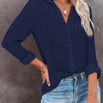 Casual Loose Long Sleeve Button V Neck Shirt Top