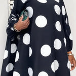 Long Sleeves Loose Contrast Color Polka-Dot Round-Neck Maxi Dresses