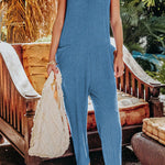 Casual Solid Pocket V Neck Loose Jumpsuits