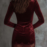 Sparkling Velvet Lace-Trim Mini Dress – Spiced Wine Red