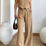 Casual Solid Color Cotton Linen Vest & Lace-Up Pants Two-Piece Set