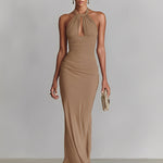 Women's Taupe Stretch Jersey Dress With Halter Neck & Ruched Bodice, Timeless Romantic-Luxe Style Dress