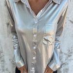 Holiday Look Solid Metallic Loose Pocket Button-down Blouse