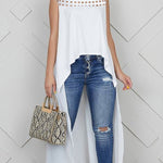 High-Low Loose Embroidered Solid Color Round-Neck Vest Top