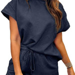Women's Solid Textured Drawstring Shorts Set