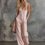 Elegant Retro Sporty V-neck Front Zipper Sleeveless Light Pink Cotton Jumpsuit
