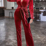 Solid Color Velvet Deep V Belt Slim Jumpsuit