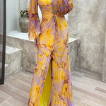 Sunset Serenade Printed Off Shoulder Diamond Embellished Pleated Slit Maxi Dress