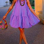 High Waisted Loose Pleated Solid Color Round-Neck Mini Dresses