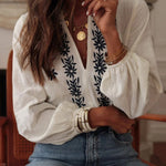 White Floral Embroidered Frill V Neck Puff Sleeve Blouse