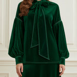 Long Sleeves Puff Sleeves Bow-Embellished Pleated Solid Color Split-Joint Tied Half Turtleneck Blouses&Shirts Tops