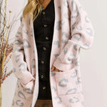Pink Leopard Side Pockets Open Front Long Cardigan