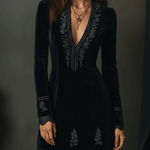 Retro Black Velvet Embroidered Lace Trim Mini Dress