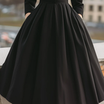 A-Line High Waisted Buttoned Pleated Pockets Solid Color Stand Collar Midi Dresses