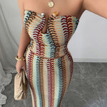 Playful Colorful Knitted Sexy Tube Top and Elegant Back Slit Midi Skirt Set