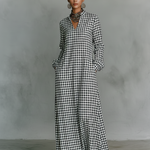 Women's Minimalist Cotton Plaid V-neck Long-sleeved Maxi Dress