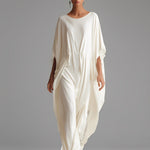 Women's Cream Woven Dress With Oversized Silhouette & Cinched Waist, Modern Minimalist-Chic Style Dress