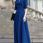 Half Sleeves High Waisted Solid Color Tied Waist V-Neck Maxi Dresses