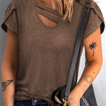 Solid Color Casual Cutout Neck T Shirt