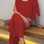 Stylish Sequin Patchwork Dolman Sleeve Top and Elastic Waist Wide Leg Pants Set