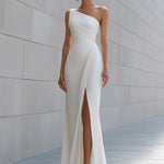 One-Shoulder Draped Column Gown With Front Slit