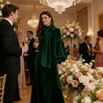 A-Line Long Sleeves Bow-Embellished Pleated Solid Color Split-Joint High Neck Maxi Dresses