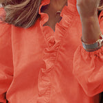 Puff Sleeves Falbala Solid Color V-Neck Blouses