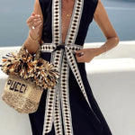 Fashionable Lock-edge Printed V-neck Lace-up Holiday Cover-up Robe