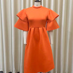 Original Loose Half Sleeves Falbala Solid Color Round-Neck Midi Dresses