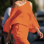 Long Sleeves Loose Hollow Solid Color One-shoulder Blouses&shirts Tops