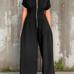 Short Sleeves Wide Leg Elasticity Pleated Split-Joint Zipper Round-Neck Jumpsuits