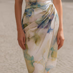 Draped Cowl-Neck Print Midi Dress