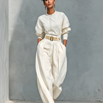 Women's Fashion Cotton And Linen Blend Crew Neck Long Sleeve Shirt Loose Trousers Set